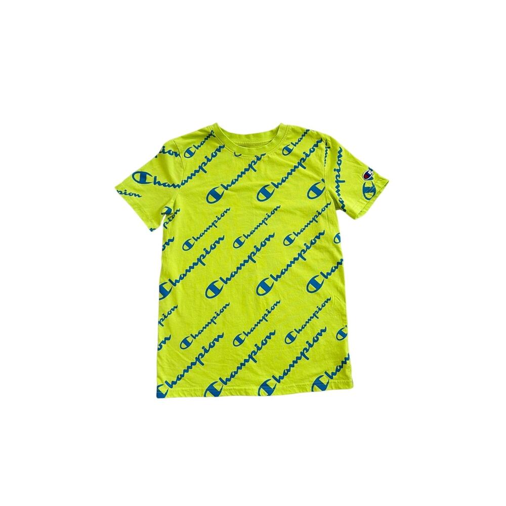 Champion All Over Logo Lime Green Blue Short Sleeve T Shirt Youth Large